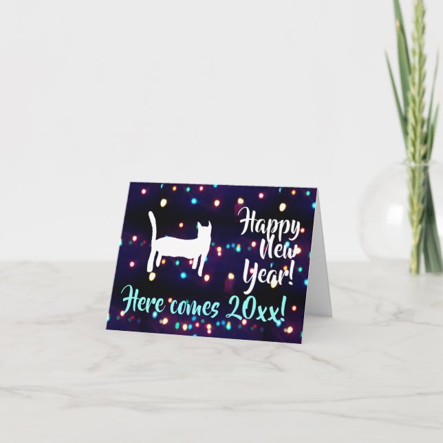 Happy New Year Cat 20xx Holiday Lights Cards (Front)
