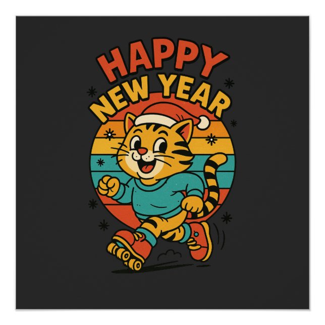 Happy New Year Cat - Cute 80s Cartoon Skating   Poster (Front)