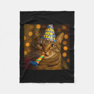 Happy New Year Cat Funny Party Hat Feline Meme Cel Fleece Blanket
