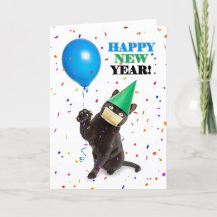 Happy New Year Cat in Coronavirus Face Mask Humour Holiday Card