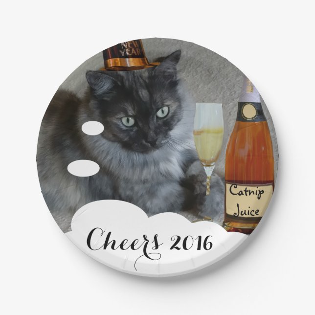 Happy New Year (cat) Paper Plates by RoseWrites (Front)