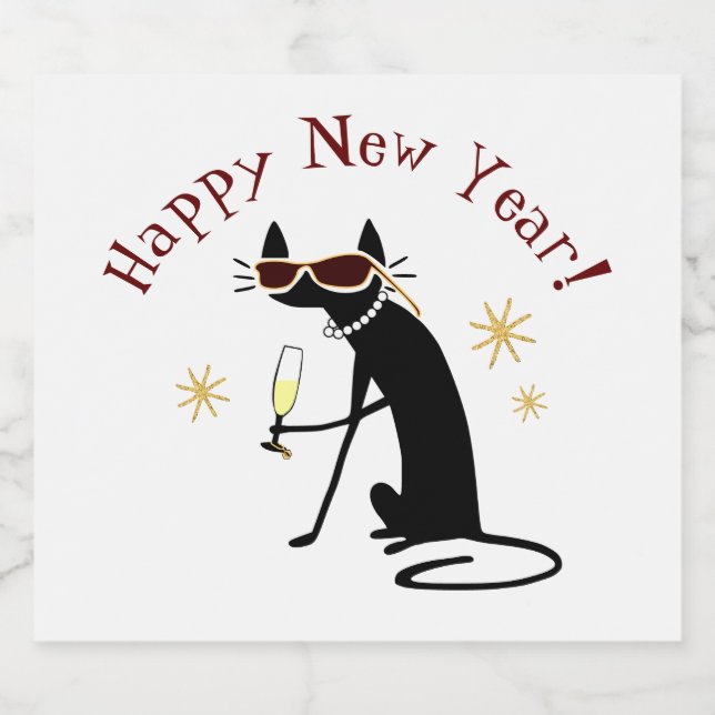 Happy New Year Cat with Champagne Sparkling Wine Label (Single Label)