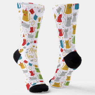 Happy New Year Cats Pattern Crew Socks