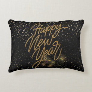 Happy New Year Celebrate, Black Gold, Fireworks,  Decorative Cushion