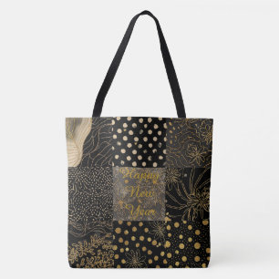 Happy New Year Celebrate , Black Gold Pattern Tote Bag