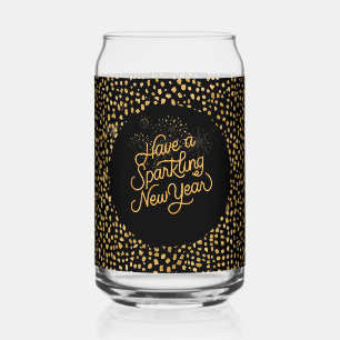Happy New Year Celebrate,Gold Pixels Pattern,Black Can Glass