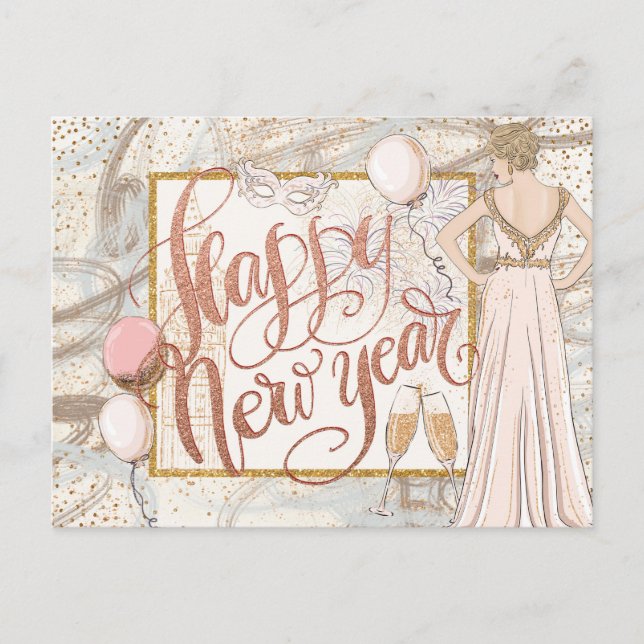 Happy New Year Champagne, balloons, elegant Lady Postcard (Front)