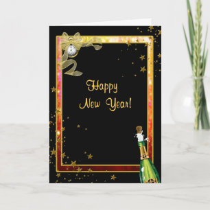 Happy New Year, Champagne, Clock, Stars, Greeting Holiday Card