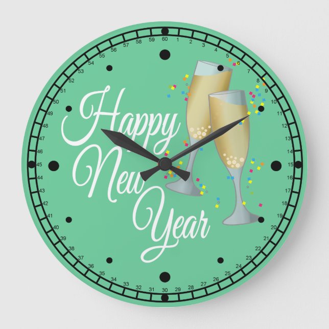 Happy New Year, Champagne & Confetti Large Clock (Front)