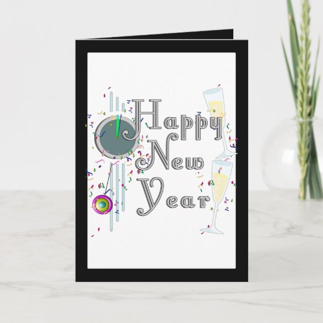 Happy New Year - Champagne Glasses and Clock Holiday Card (Front)