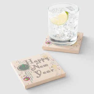 Happy New Year - Champagne Glasses and Clock Stone Coaster