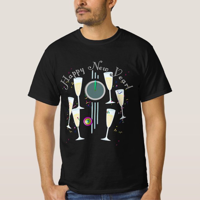 Happy New Year - Champagne Glasses and Clock T-Shirt (Front)