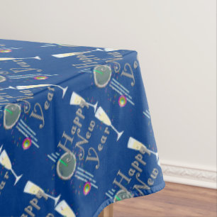 Happy New Year - Champagne Glasses and Clock Tablecloth