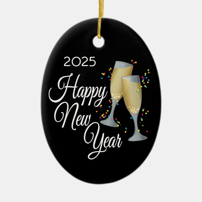 Happy New Year Champagne Glasses Ceramic Tree Decoration (Front)