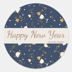 happy new year champagne glasses gold and navy classic round sticker