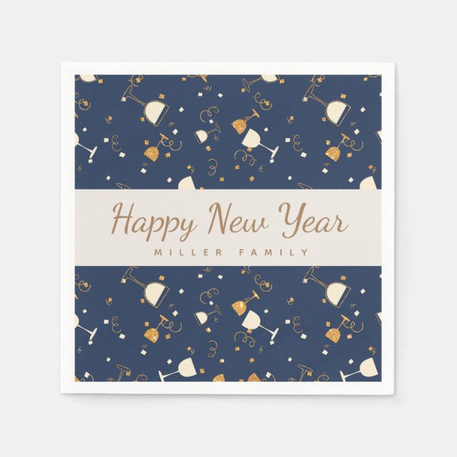 happy new year champagne glasses gold and navy napkin (Front)
