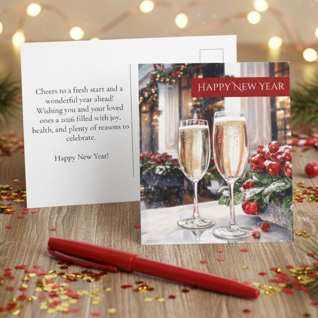 Happy New Year Champagne & Red Berries Holiday Postcard (Creator Uploaded)