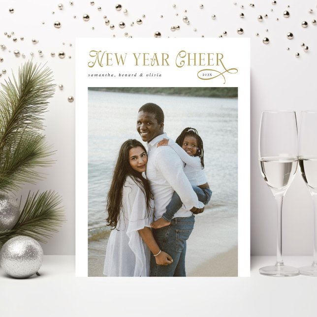 Happy New Year Cheer Modern Family 4 Photo Collage Holiday Card (Creator Uploaded)