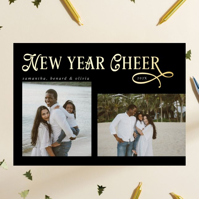 Happy New Year Cheer Modern Family  Photo Collage Foil Holiday Card (Creator Uploaded)