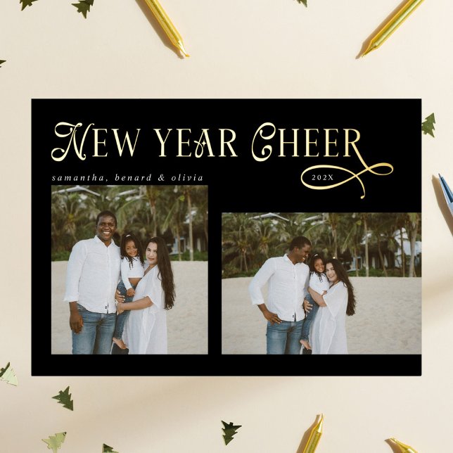 Happy New Year Cheer Modern Family  Photo Collage Foil Holiday Card (Creator Uploaded)