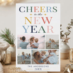 Happy New Year Cheers Modern Photo Collage Simple Holiday Card