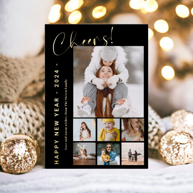 Happy New Year cheers year in review 9 photo black Foil Holiday Card (Happy New Year cheers year in review 9 photo black Foil Holiday Card)