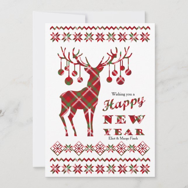 Happy New Year Chequered Reindeer Holiday Card (Front)