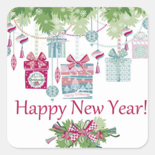 Happy New Year Chic Watercolor Decorations Square Sticker