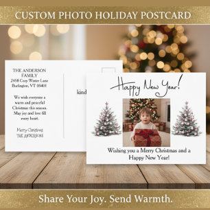 Happy New Year Christmas Photo Pink Tree Holiday Postcard