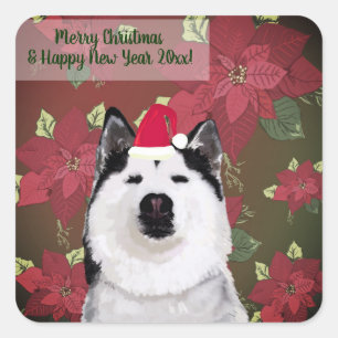 Happy New year, Christmas  Sticker, Husky ,Flowers Square Sticker