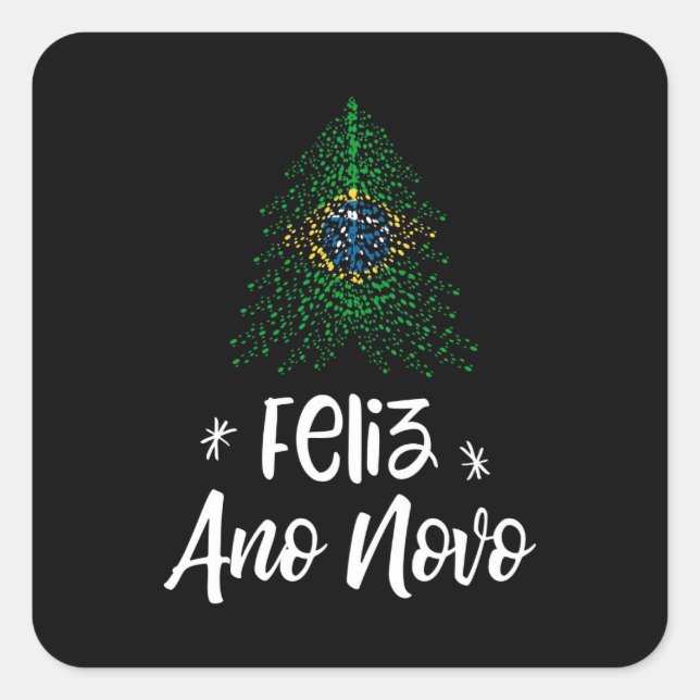 Happy New Year Christmas tree with Brazilian flag Square Sticker (Front)