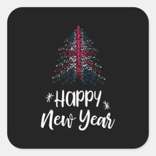 Happy New Year Christmas tree with UK flag Square Sticker