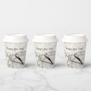 Happy New Year Clock at Midnight Paper Cups