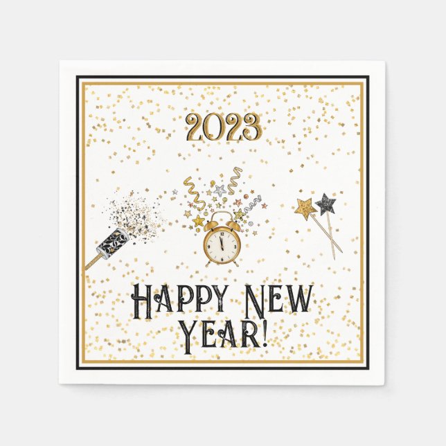 Happy New Year Clock Gold and Black Napkins (Front)