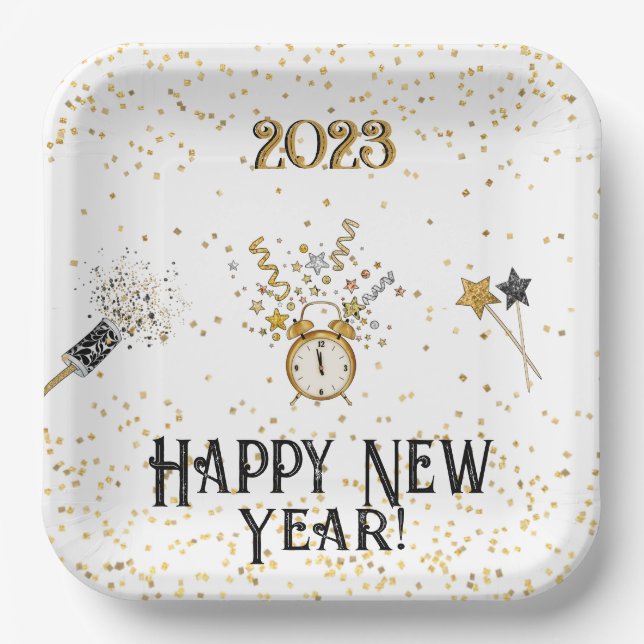 Happy New Year Clock Gold and Black   Paper Plate (Front)