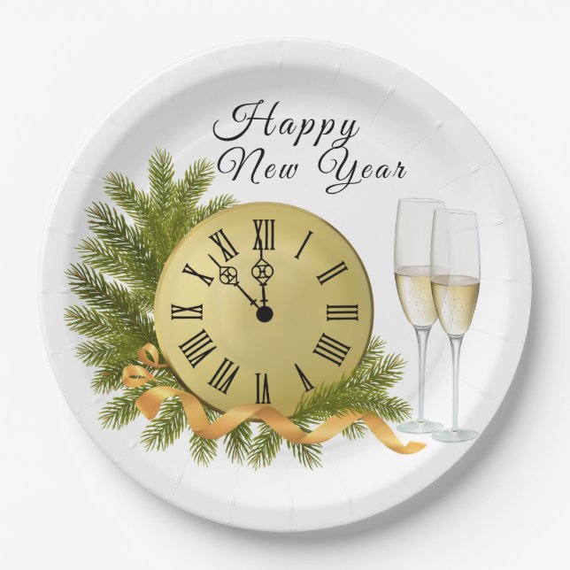 Happy New Year Clock  Paper Plate (Front)