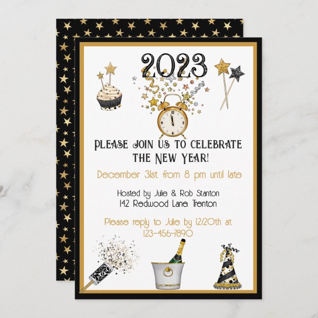 Happy New Year Clock Party Invitation (Front/Back)