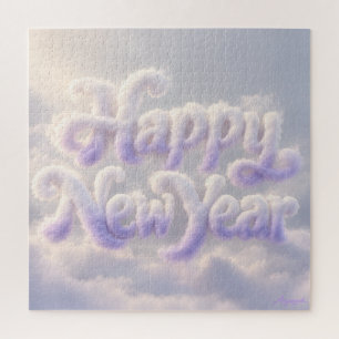 Happy New Year Cloud Mist Lettering Print Jigsaw Puzzle