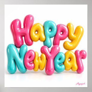 Happy New Year Colourful Bubble Lettering Print
