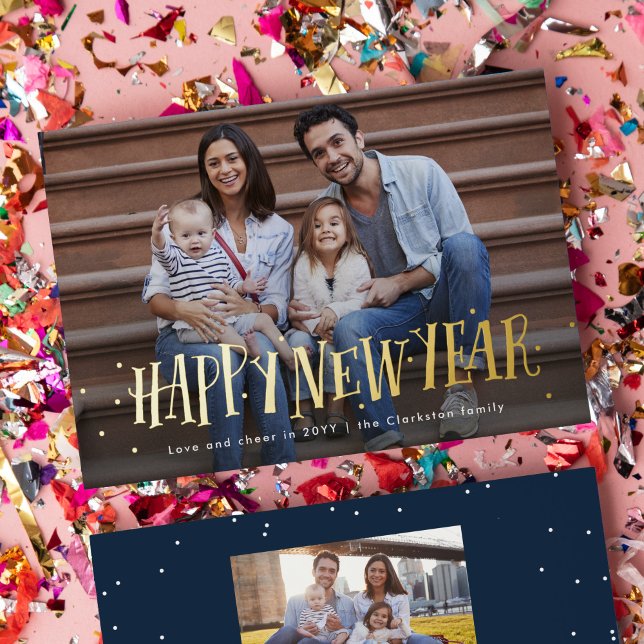 Happy new year confetti one photo navy foil holiday card (Creator Uploaded)