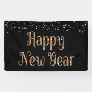 HAPPY NEW YEAR Copper Gold Confetti Black Banner