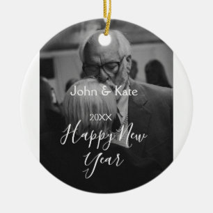 Happy new year couple photo name year black white ceramic ornament