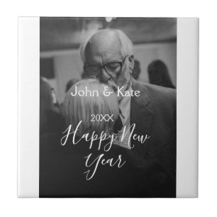 Happy new year couple photo name year black white ceramic tile