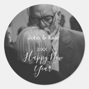 Happy new year couple photo name year black white  classic round sticker