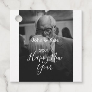 Happy new year couple photo name year black white favour tags