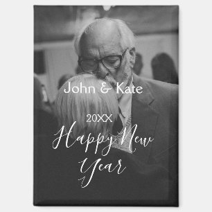 Happy new year couple photo name year black white magnet