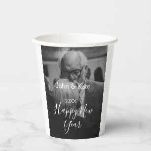 Happy new year couple photo name year black white paper cups