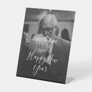 Happy new year couple photo name year black white pedestal sign