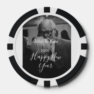 Happy new year couple photo name year black white  poker chips