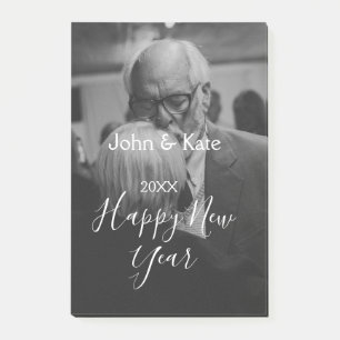 Happy new year couple photo name year black white post-it notes